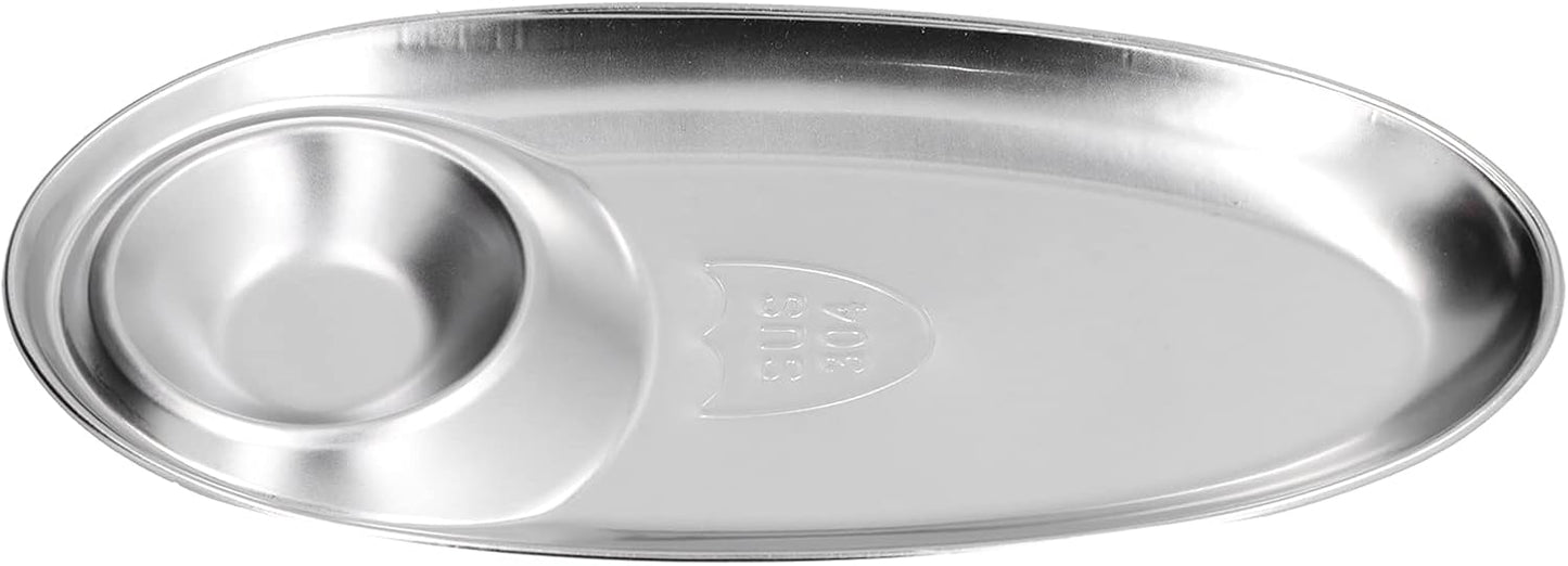 Tissting 304 Stainless Steel Chip Dip Platter Silver Oval Divided Spice Dish Snack Plate for Dip, Appetizers, Snacks, Veggies, Chips, Two Compartment Serving Tray,for Home Outdoor Camping(S-7.9in)