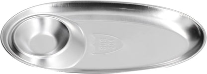 Tissting 304 Stainless Steel Chip Dip Platter Silver Oval Divided Spice Dish Snack Plate for Dip, Appetizers, Snacks, Veggies, Chips, Two Compartment Serving Tray,for Home Outdoor Camping(S-7.9in)