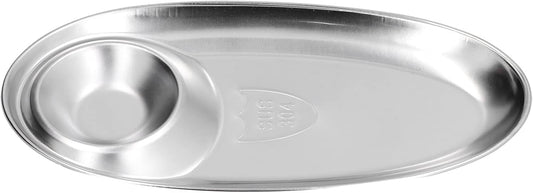 Tissting 304 Stainless Steel Chip Dip Platter Silver Oval Divided Spice Dish Snack Plate for Dip, Appetizers, Snacks, Veggies, Chips, Two Compartment Serving Tray,for Home Outdoor Camping(S-7.9in)