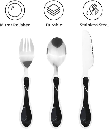 3-Piece Kids Silverware Set With Storage Case, Stainless Steel Reusable Children Safe Knife Spoon Fork Set Black And White Grid Children Flatware Set For Kids Lunch Box