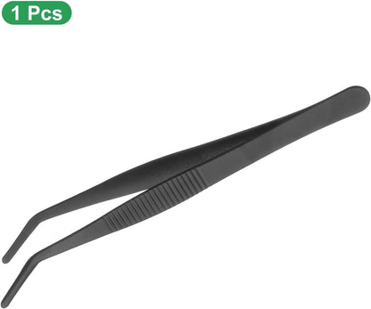 HARFINGTON Stainless Steel Tweezers 4.9 Inch Precision Tweezers with Curved Serrated Tip Multi-Purpose Kitchen Tongs for Cooking Gardening Repairing Craft, Black