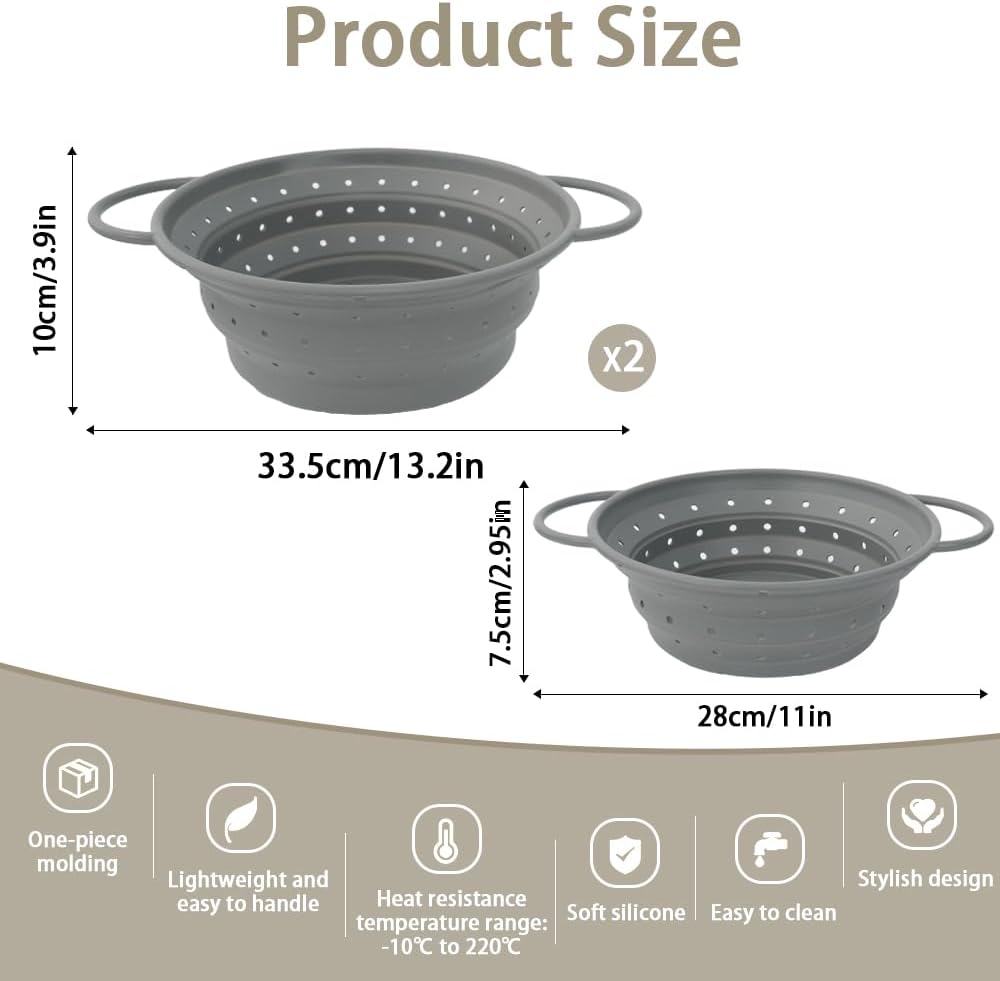 CEYAZYE Collapsible Colander Set of 3, Silicone Space-Saving Foldable Kitchen Pasta Strainer, Heat-Resistant Fast Draining Basket with Non-Slip Base and Handles, Food Strainer for Fruit, Vegetables