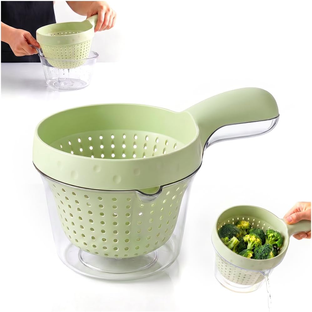 2-in-1 Detachable Fruit Washing Basket, Double-Layer Strainer Colander Bowl Set with Ergonomic Handle, BPA-Free Mess-Free Drain Bowl for Berries/Vegetables/Pasta, 7.48" Small Kitchen Colander (Green)
