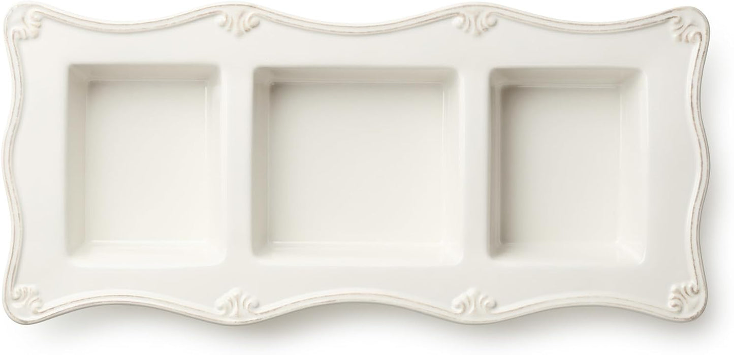 Heritage Ivory 3-Section Stoneware Relish Tray – Elegant 15” x 7” Divided Server for Condiments, Dips & Appetizers – Vintage-Inspired Entertaining Piece with Sculpted Detail