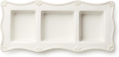 Heritage Ivory 3-Section Stoneware Relish Tray – Elegant 15” x 7” Divided Server for Condiments, Dips & Appetizers – Vintage-Inspired Entertaining Piece with Sculpted Detail