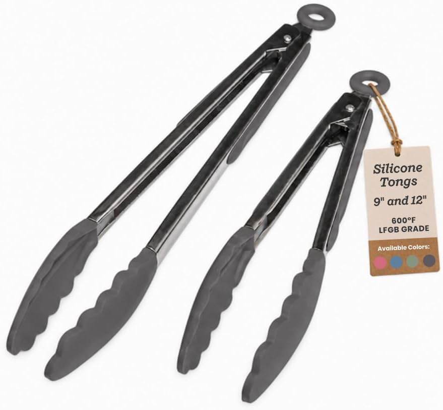 Starpack Get a Grip Silicone Kitchen Tongs (2-Pack, 9" + 12") - LFGB Non Toxic, 600°F Heat Resistant, BPA-Free - Heavy-Duty Stainless Steel, Locking - Dishwasher Safe for Nonstick Cookware