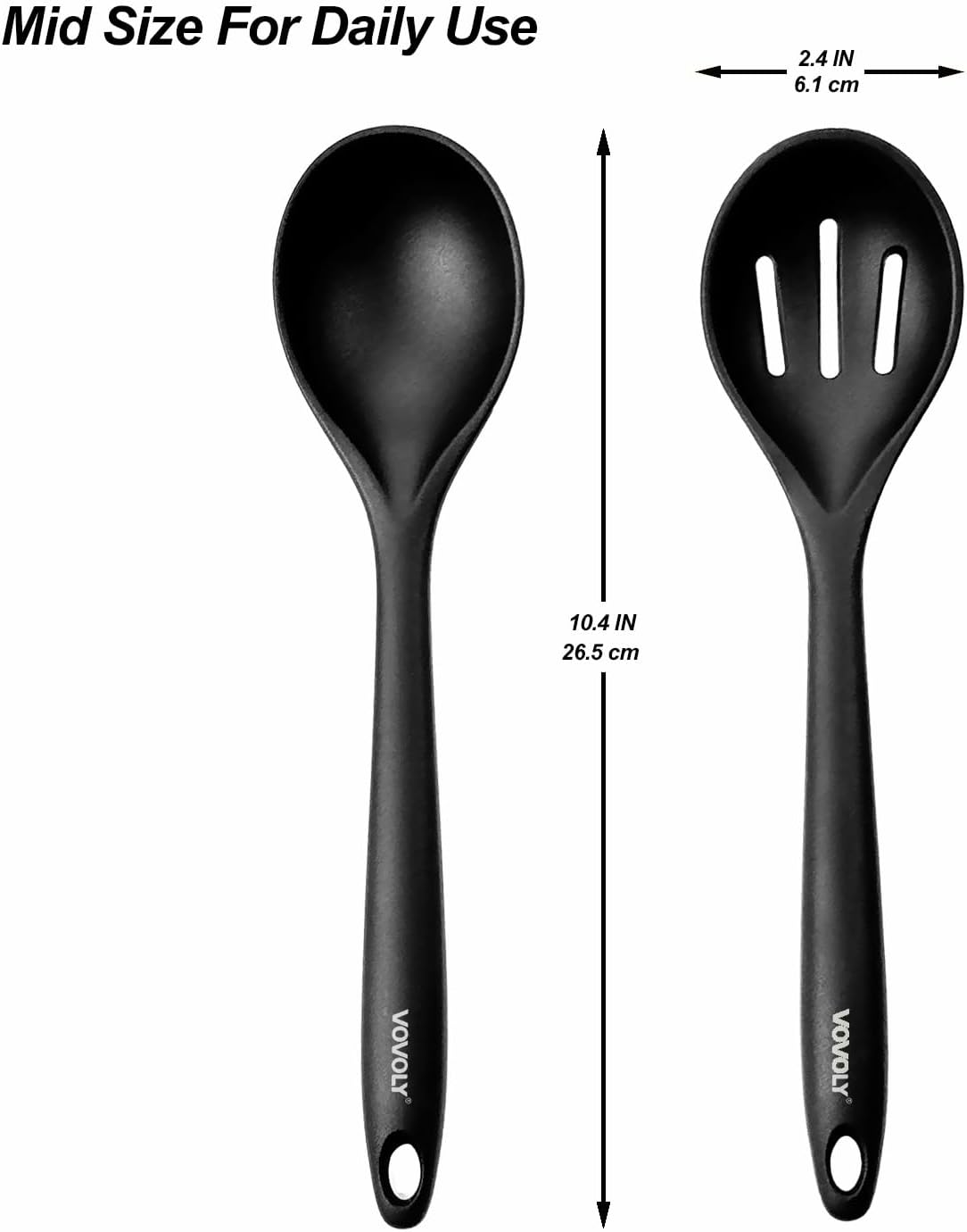 Silicone Spoons for Cooking - Kitchen Spoons for Mixing, Serving, & Stirring - 600°F Heat-Resistant Non Stick Utensils Ladle & Skimmer- Dishwasher Safe, Black,10.4IN