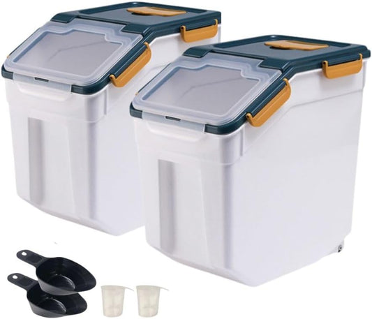 Rice Storage Container 25 lbs, 2 Packs Large Flour Storage Containers with Seal Locking Lid & Wheels, BPA Free Rice Dispenser, Measuring Cup | Scoop, for Sugar Cereal Dry Food, Dog Pet Food Bin -Green