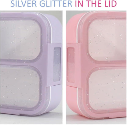 Small Snack Containers for Kids Toddlers - 3 Compartments (Set of 2) - Leak-Proof Reusable Boxes with Lids - BPA-Free Plastic Mini Bento Lunch Box - Holds 2 Cups Capacity (Pastel Blue+Teal Sparkle)