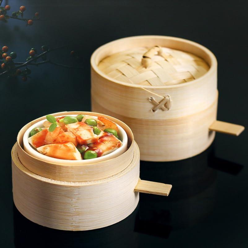 Mini Bamboo Steamer Basket with Cover and Handle 3.5 Inch Round Dim Sum Steamer for Dumplings Buns Home Kitchen Cooking