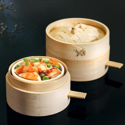 Mini Bamboo Steamer Basket with Cover and Handle 3.5 Inch Round Dim Sum Steamer for Dumplings Buns Home Kitchen Cooking