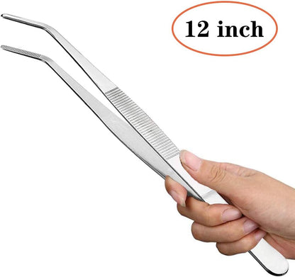 Kitchen Tweezers Stainless Steel 8 Inch Long Tweezers Tongs, Heavy Duty large food tweezers with Precision Serrated Tips for Cooking(8" Straight+Curved)