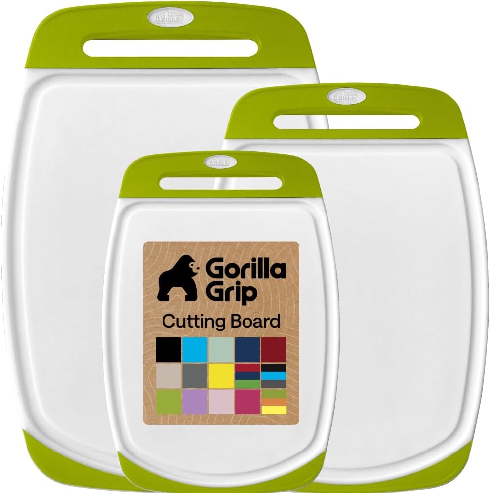 GORILLA GRIP BPA-Free Reversible Kitchen Cutting Board Set of 3, US Designed, Nonporous, Juice Grooves Catch Liquid, Slip Resistant Border, Dishwasher Safe, Durable Large Food Chopping Boards, Black
