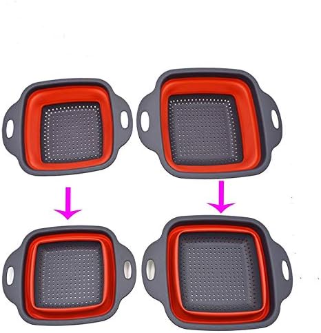 Square Collapsible Colander Set,2 Collapsible Colanders (Strainers) Set By HDHYK - Includes 2 Folding Strainers (red & Grey)