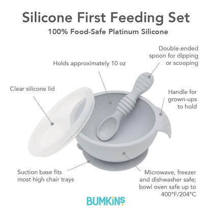 Bumkins Baby Bowl, Silicone Feeding Set with Suction for Baby and Toddler, Includes Spoon and Lid, First Feeding Set, Training Essentials for Baby Led Weaning for Babies 4 Months Up, Sage