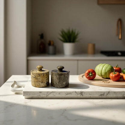 Marble Salt Cellar Keep Spices Fresh Seasoning Holder for Herbs Sugar Salt Keeper With Handmade Lid Knob Like Mushroom Best 3-Inch Marble Dish (Green Onyx and White)