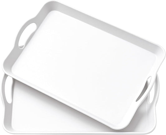 Set of 2 Large White Melamine Serving Tray with Handles, Rectangular Outdoor Dinner Tray Plastic Fruit Serving Platters Trays for Eating, Appetizer, Charcuterie, Snack, Fruit, Desserts, Food Parties