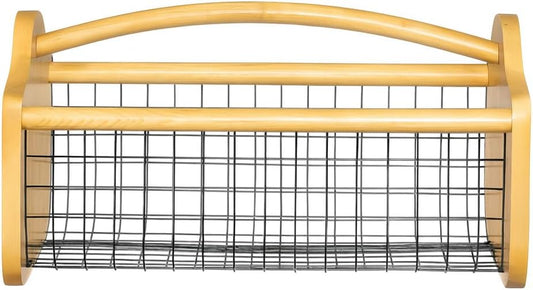 Gardenised Vintage Harvest Basket Pine Wood & Metal Mesh Wire Design Wooden Frame with Straight Handle for Fruits Vegetables Kitchen Organization Decorative Storage Home Décor & Garden Display