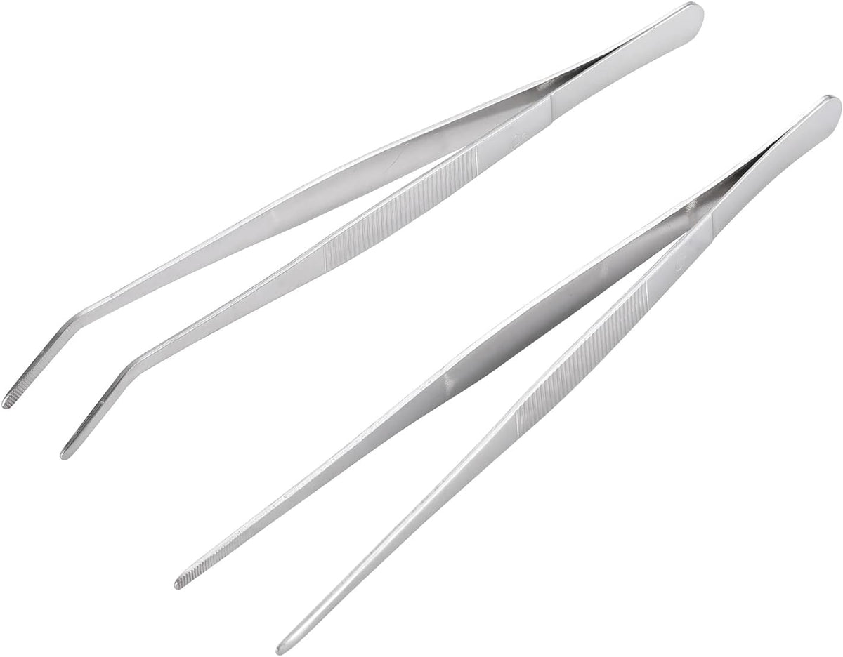 Miupoo Long Handle Stainless Steel Paint Straight and Curved Tweezers Nippers,Extra Long Precision Craft Tweezers Set with Serrated Tips,Silver,2 pieces,9.8Inches