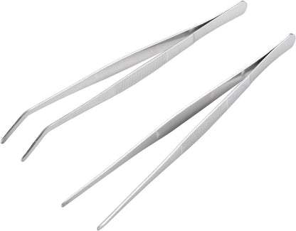 Miupoo Long Handle Stainless Steel Paint Straight and Curved Tweezers Nippers,Extra Long Precision Craft Tweezers Set with Serrated Tips,Silver,2 pieces,9.8Inches