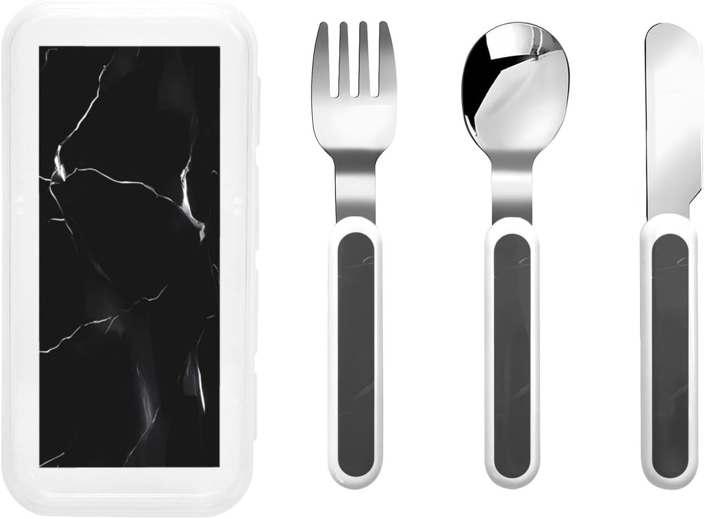 Stainless Steel Kids Silverware Set, Black Marble Utensil Set Reusable Children Safe Knife Spoon Fork Set With Storage Case Dishwasher Safe For Lunch, Travel Outdoors