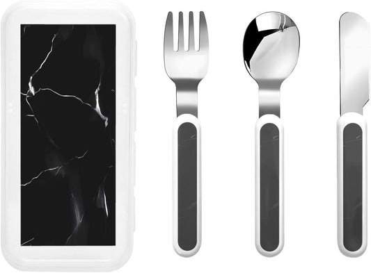 Stainless Steel Kids Silverware Set, Black Marble Utensil Set Reusable Children Safe Knife Spoon Fork Set With Storage Case Dishwasher Safe For Lunch, Travel Outdoors