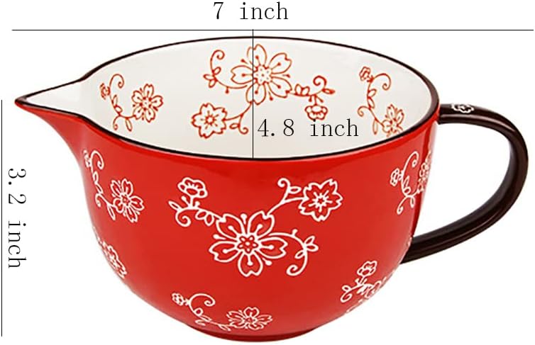 Gaolinci Cherry Blossom Pattern Kitchen Ceramic Mixing Bowl, 1 Quart Large Bowl, with Pouring Spout and Handle