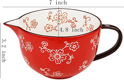Gaolinci Cherry Blossom Pattern Kitchen Ceramic Mixing Bowl, 1 Quart Large Bowl, with Pouring Spout and Handle