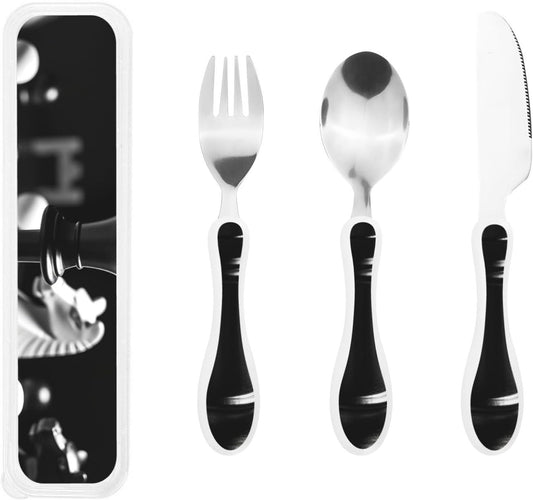 3-Piece Kids Silverware Set With Storage Case, Stainless Steel Reusable Children Safe Knife Spoon Fork Set Black White Stripes Red Rose Flowers Children Flatware Set For Kids Lunch Box