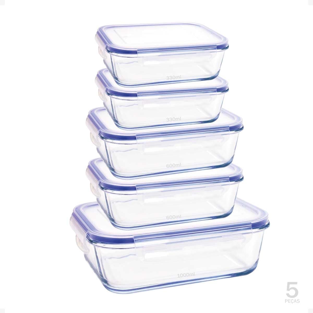 Rectangular Glass Food Storage Containers with Airtight Lids, 5-Piece Set – 34oz, 22oz, 13oz Meal Prep & Leftover Containers, Oven Microwave Freezer Dishwasher Safe
