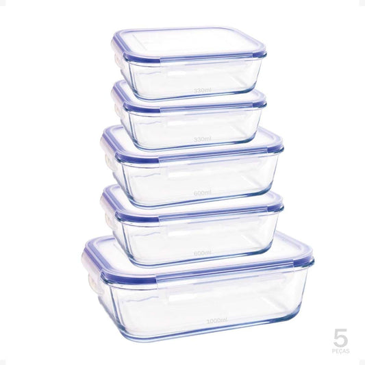 Rectangular Glass Food Storage Containers with Airtight Lids, 5-Piece Set – 34oz, 22oz, 13oz Meal Prep & Leftover Containers, Oven Microwave Freezer Dishwasher Safe