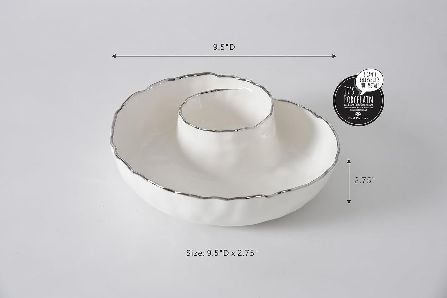 Pampa Bay Portofino Plata, Round Chip & Dip, 9.5” D x 2.75" (White and Gold)