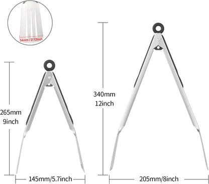 Metal Tongs for Cooking, Set of 2 Stainless Steel Spatula Tongs for Grilling, Cooking and Flipping, Strong Grip for Ribs, Steak and Fish, Comfortable Grip, Easy Pull Lock, 9 inch & 12 inch