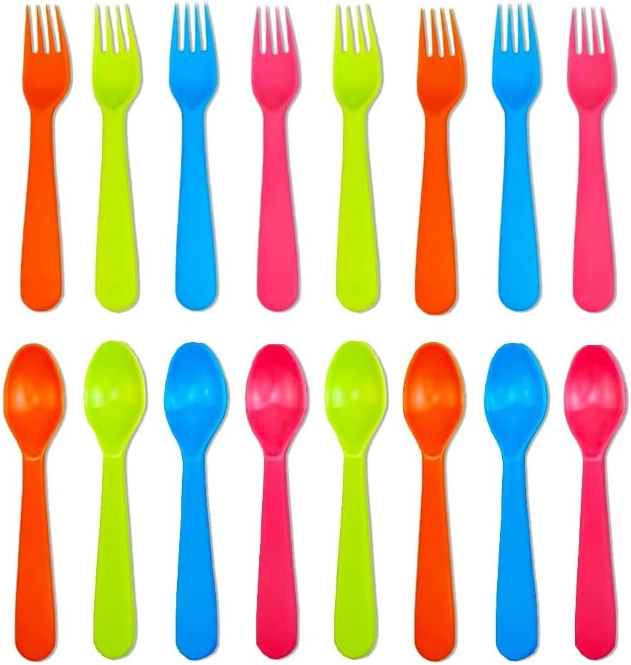 Jawbush 16 Pcs Kids Utensils, Plastic Kids Forks and Spoons, Reusable Toddler Utensils, Durable Flatware Set for Lunch Box, Easy to Use, BPA Free