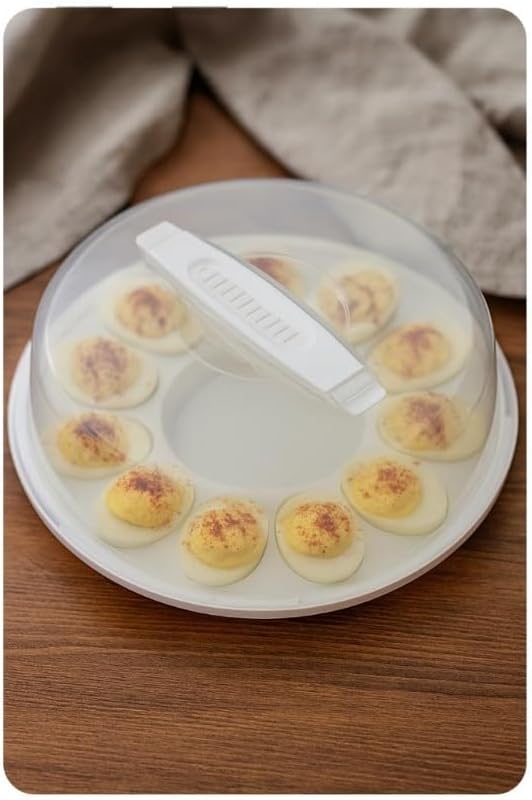Deviled Egg Carrier Container With Lid, Round Plastic Storage Tray, 12 Egg Capacity, Set of 2, Clear With Built-in Handles