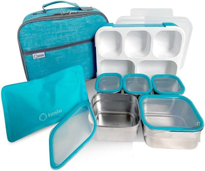 Stainless Steel Bento Lunch Box Set For Adults, Kids - Insulated Bag And Ice Pack - Leak-Proof Metal Compartment Meal Prep Food & Snack Containers For Work Travel School Daycare, 42 Oz Grey Black