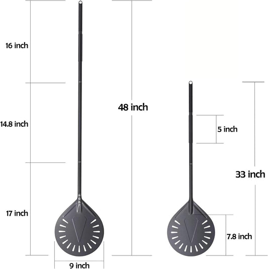 Aluminum Turning Pizza Peel, 9 Inch Pizza Turning Peel with Detachable 33 or 48 Inch Long handle, Luxury Pizza Paddle for Baking Homemade Pizza Bread