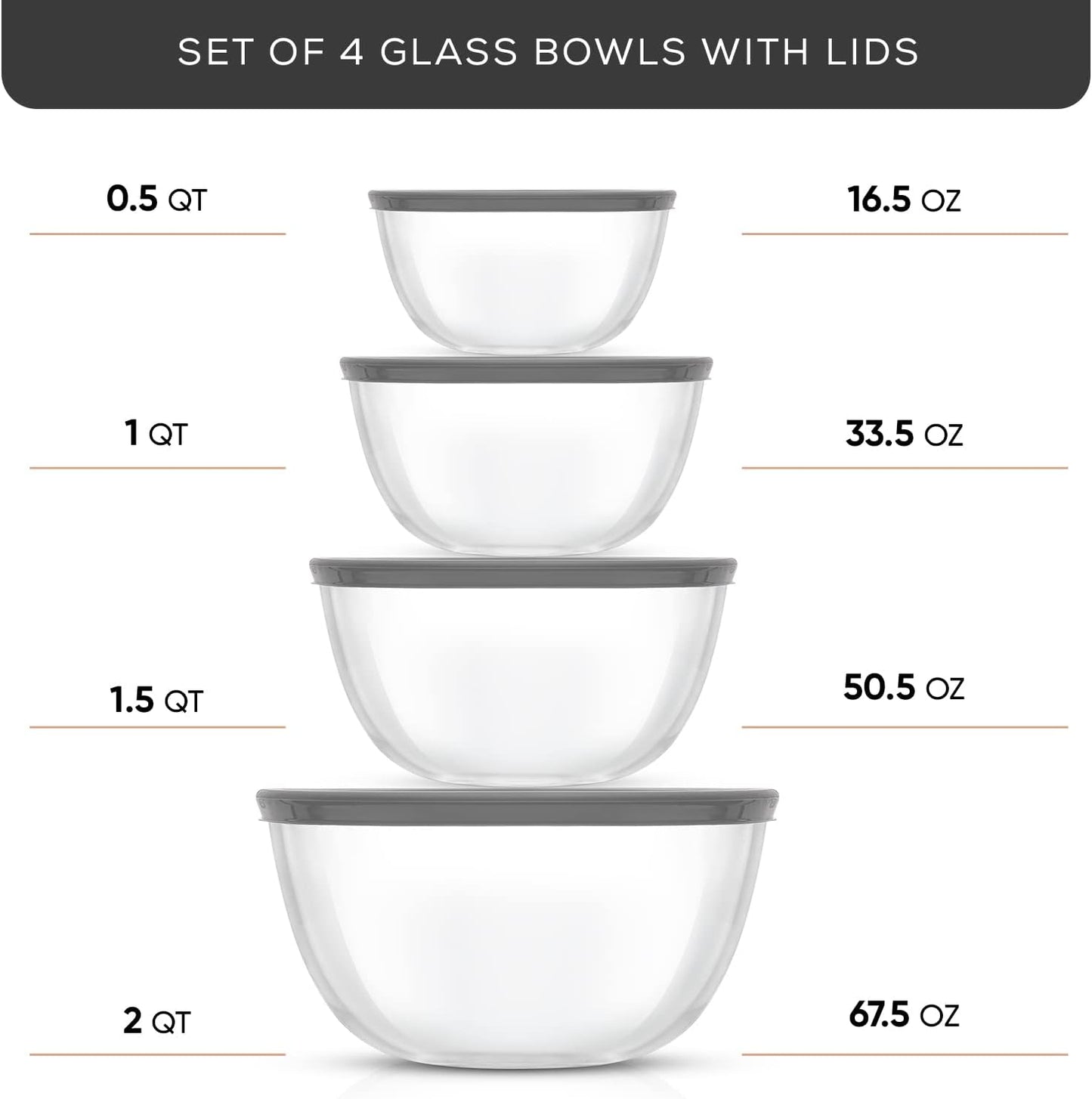 JoyJolt Kitchen Mixing Bowls - 8pc Glass with Lids Set – Neat Nesting Large Bowl Batter Cooking Storage and Big Salad BPA-Free Black