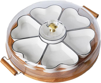 Appetizer Serving Tray with Bamboo Holder and Lid, Ceramic Divided Serving Platter with Food Picks, Relish Tray for Chips and Dip, Veggies, Candy and Snacks, Parties T