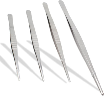 4Pcs 304 SS Tweezers Set 7-12 Inch Serrated Straight Tips | Ergonomic Non-Slip Handle, Thickened Sturdy Build, Blunt Rounded Tips, for Cooking Baking Crafts Aquarium Terrarium