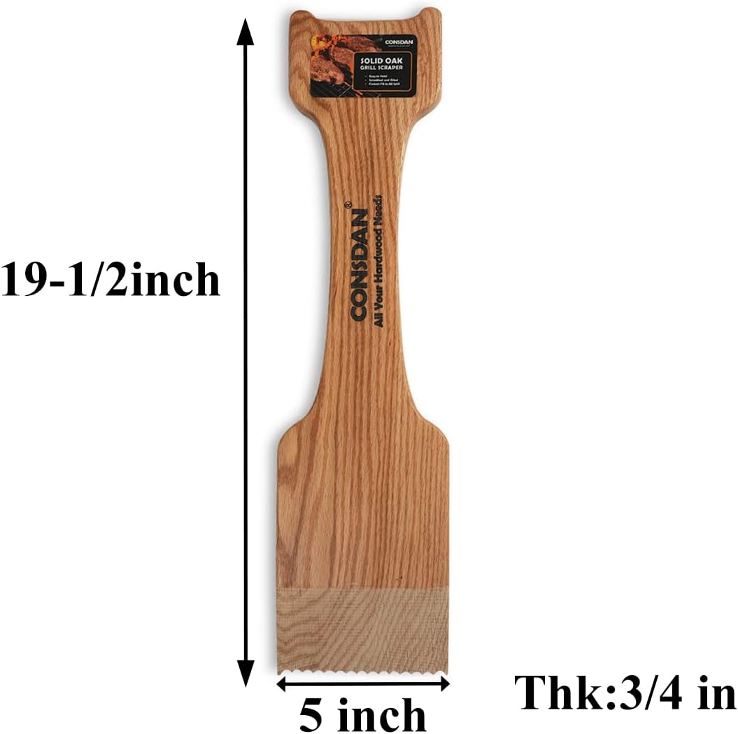 CONSDAN Wood Grill Scraper, Soild Oak Wooden Grill Brush, Grill Scraper for Outdoor Grill, Bristle Free Grill Scrapers, Grill Grate Cleaner Safe Wood Grill Brusher
