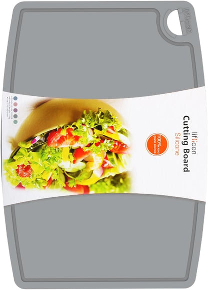 Liflicon Silicone Thick Cutting Boards Mats Set of 3 Foldable & Flexible Design Juice Grooves Easy Grip Handle Dishwasher Safe for Kitchen,BPA free Silicone Cutting Board-Gray