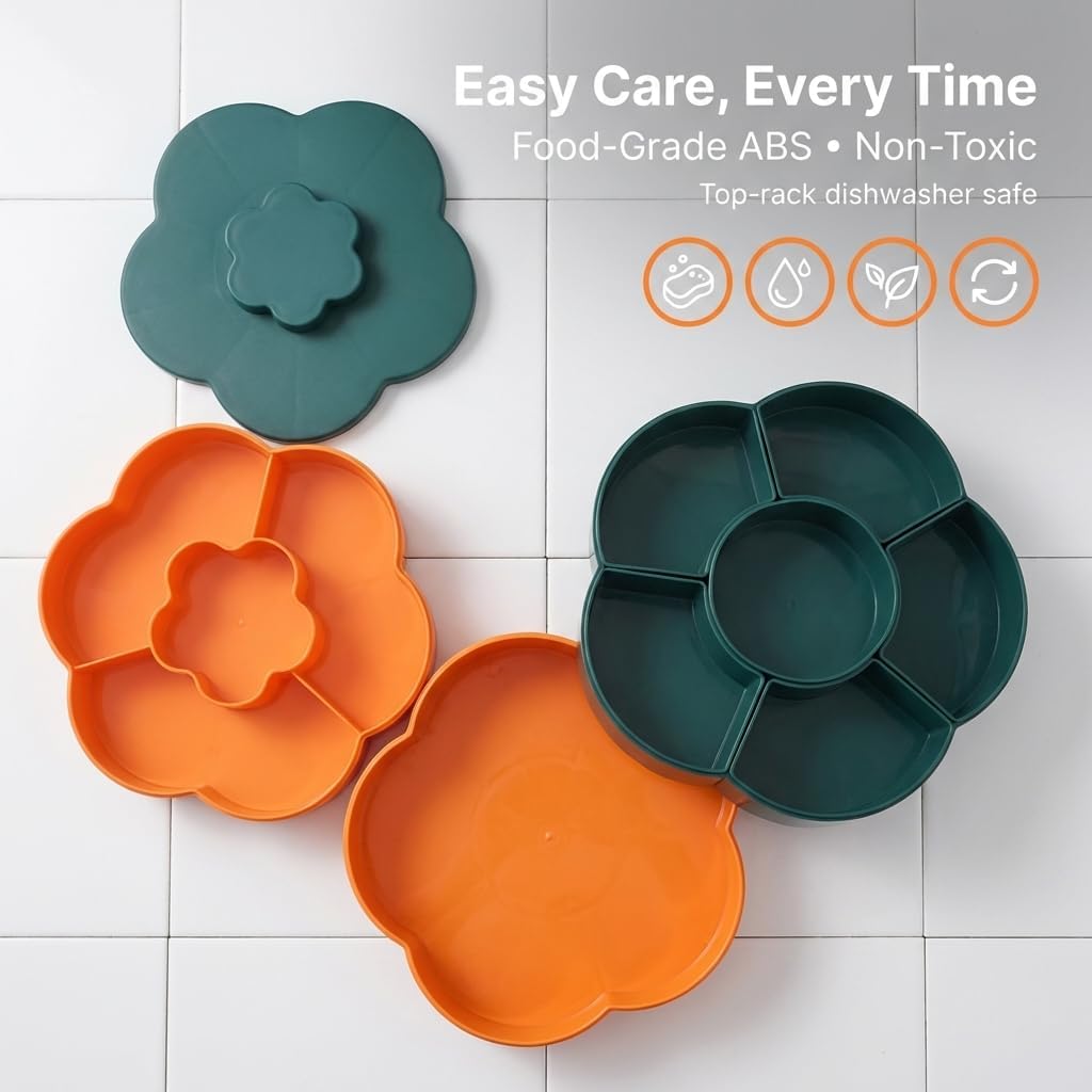 2026 Upgraded Divided Serving Tray with Lid, 360 Rotating Snack Box Container, Portable Spinning Veggie Fruit Tray for Party Appetizers, Nuts and Candy