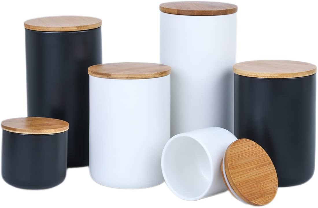 Ceramic Food Storage Jar Canister Modern Design Food Canisters with Airtight Seal Bamboo Lid, Loose Tea Coffee Spice Nuts Snacks Storage Jar Canister (Black 7.03oz/200ml)