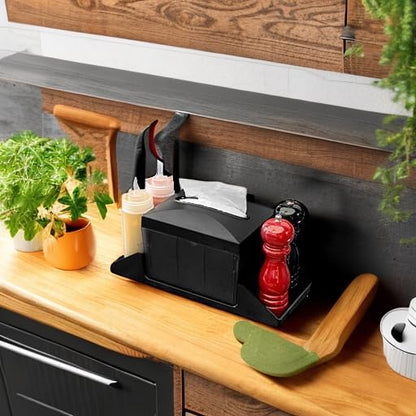 Restaurantware Bar Lux 7.9 Inch x 5.5 Inch Napkin Holder 1 3-Compartment Condiment Caddy - Rectangle Tabletop Black Plastic Napkin Caddy Refillable Easy Access