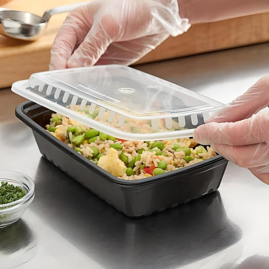 OCS Parts 10-Pack Heavy Duty Microwavable Food Prep Containers | 38-Ounce Disposable Reusable Black Plastic Food Storage Container with Lid for Leftovers, Lunch, and Takeout