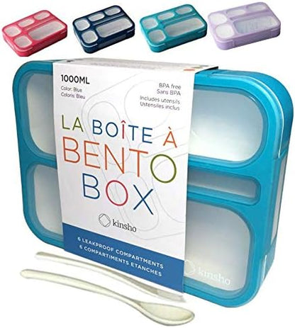 kinsho Bento Lunch-Box Set for Kids includes Snack Container | 6 and 3 Compartment Boxes Leakproof School Bentos, Meal Portion Control Containers, Boys Girls Adults, Navy Blue Large + MINI 2 Pack Set
