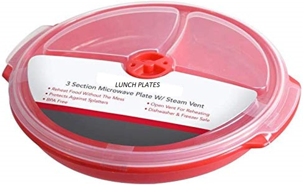 3 pack- Microwave Food Storage Travel Tray Containers - Portion Control - 3 Section Compartment Divided Plates with Vented Lid For Easy Reheat (3, Red)