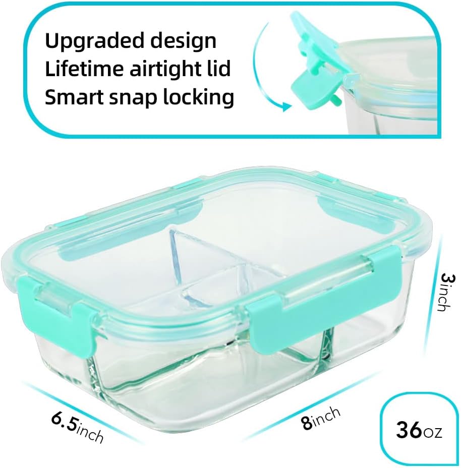 DAS TRUST 3 Pack Bento Box Glass Meal Prep Containers - 3 Compartment Glass Food Storage Containers with Lids - Lunch Box Meal Prep Bowls - Oven Safe