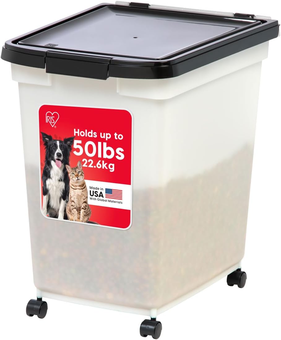IRIS USA Airtight Dog Food Storage Container, WeatherPro, Up to 25 lbs, Removable Wheels, for Dog Cat Bird and Other Pet Food Storage Bin, Keep Fresh, Translucent Body, Made in USA, Clear/Black